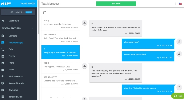 mSpy demo text messages